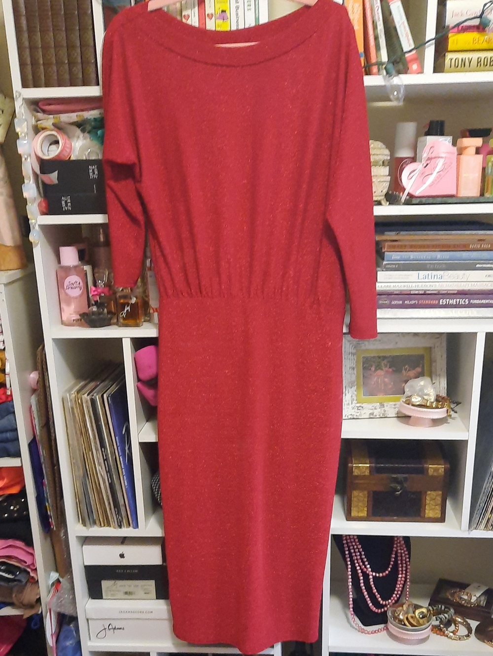 Red Long Sleeve Glitter Sheath Dress